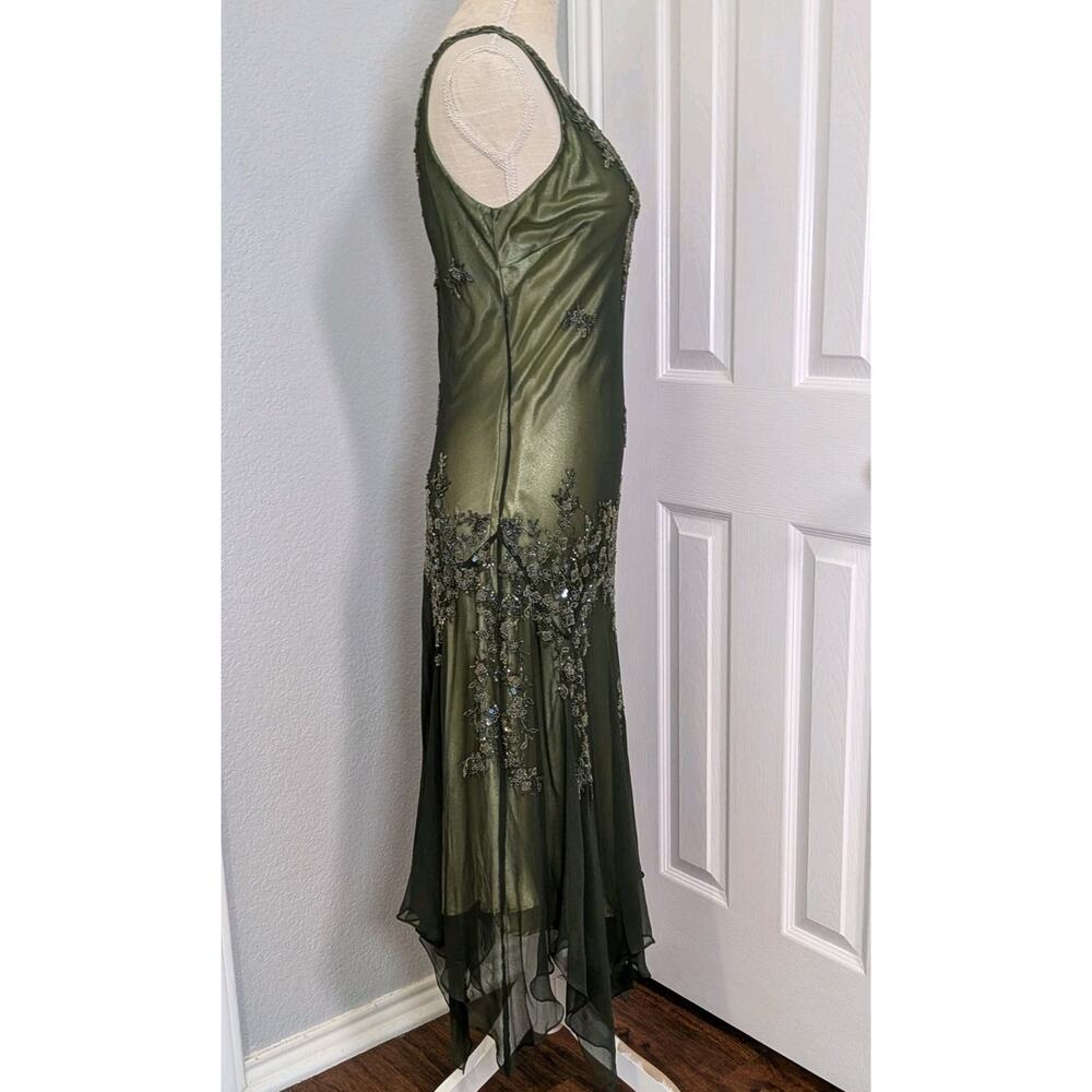 Vintage Silk Prom Dress Midi Gown L Green Y2K Fairy Floral Bead 90s Nymph Guest - Picture 2 of 11